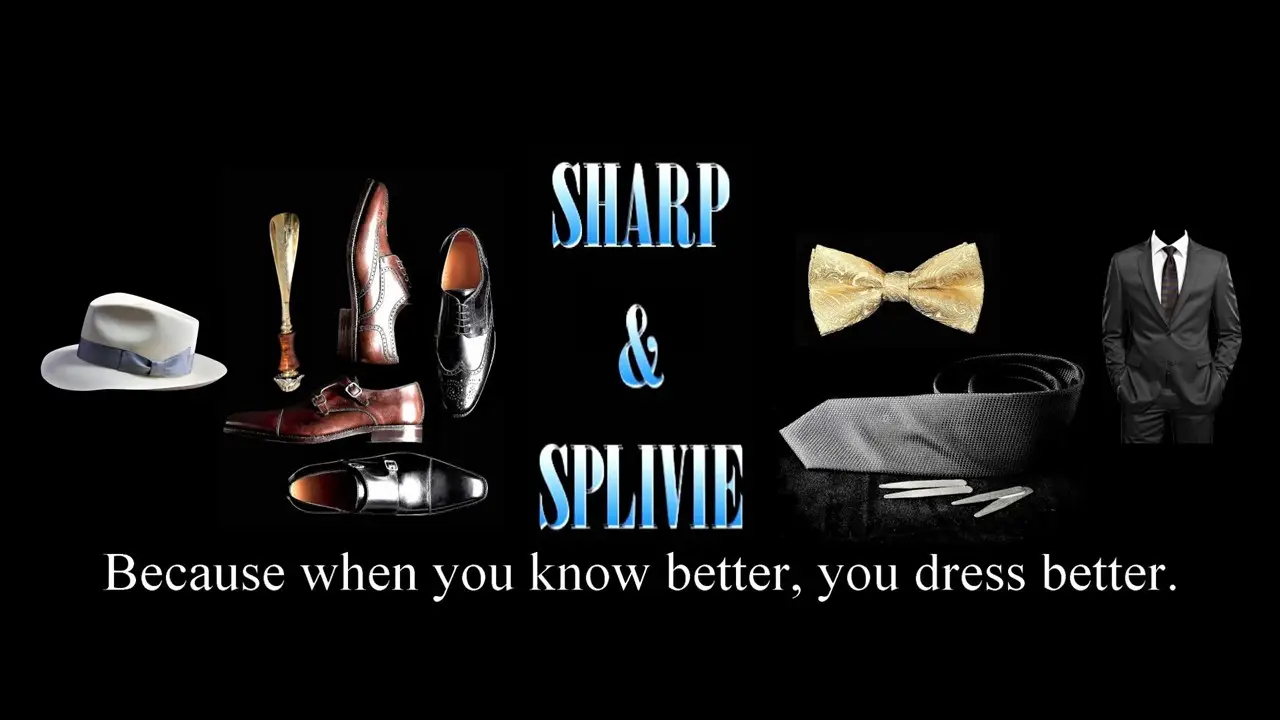 Sharp and Splivie luxury mens fashion accessories banner featuring suits, ties, dress shoes, fedora, and bow tie.