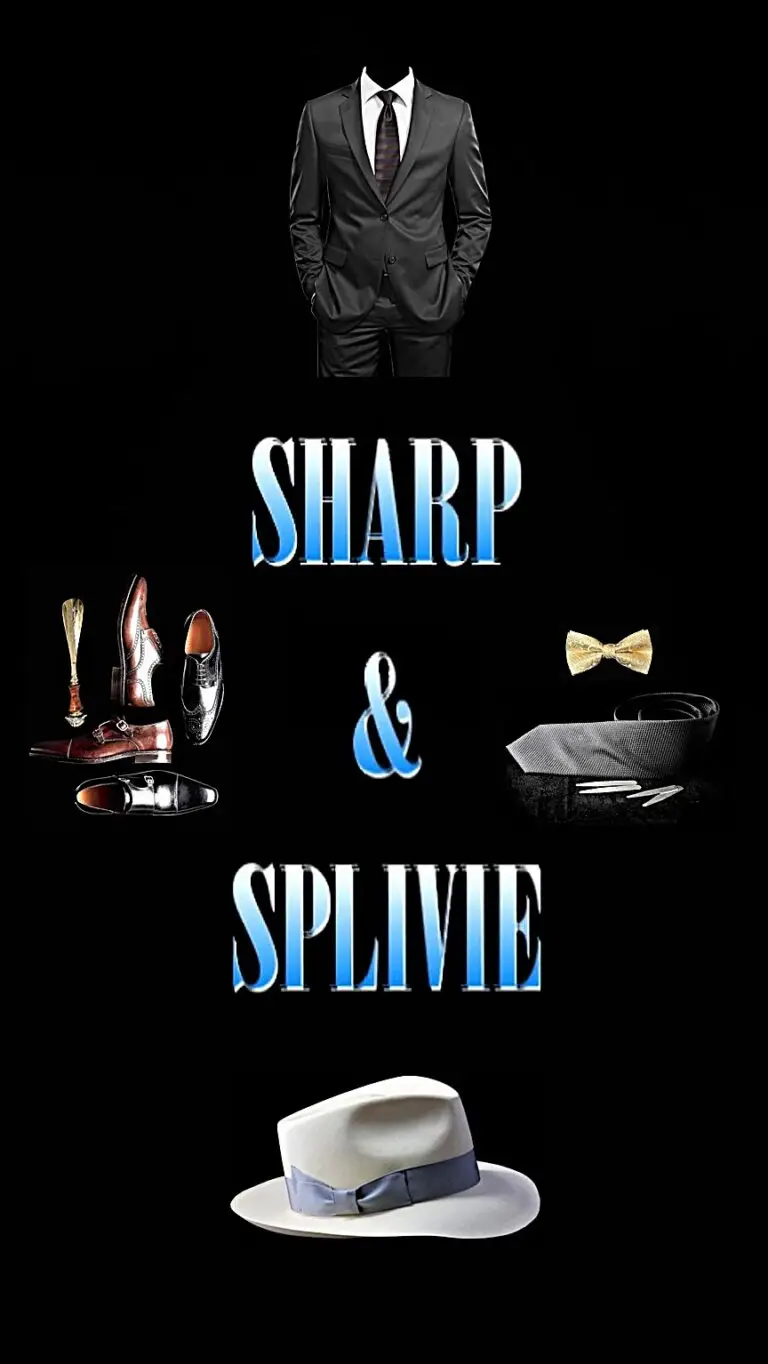 Sharp and Splivie menswear branding graphic featuring a dark suit, dress shoes, bow tie, fedora hat, and custom typography